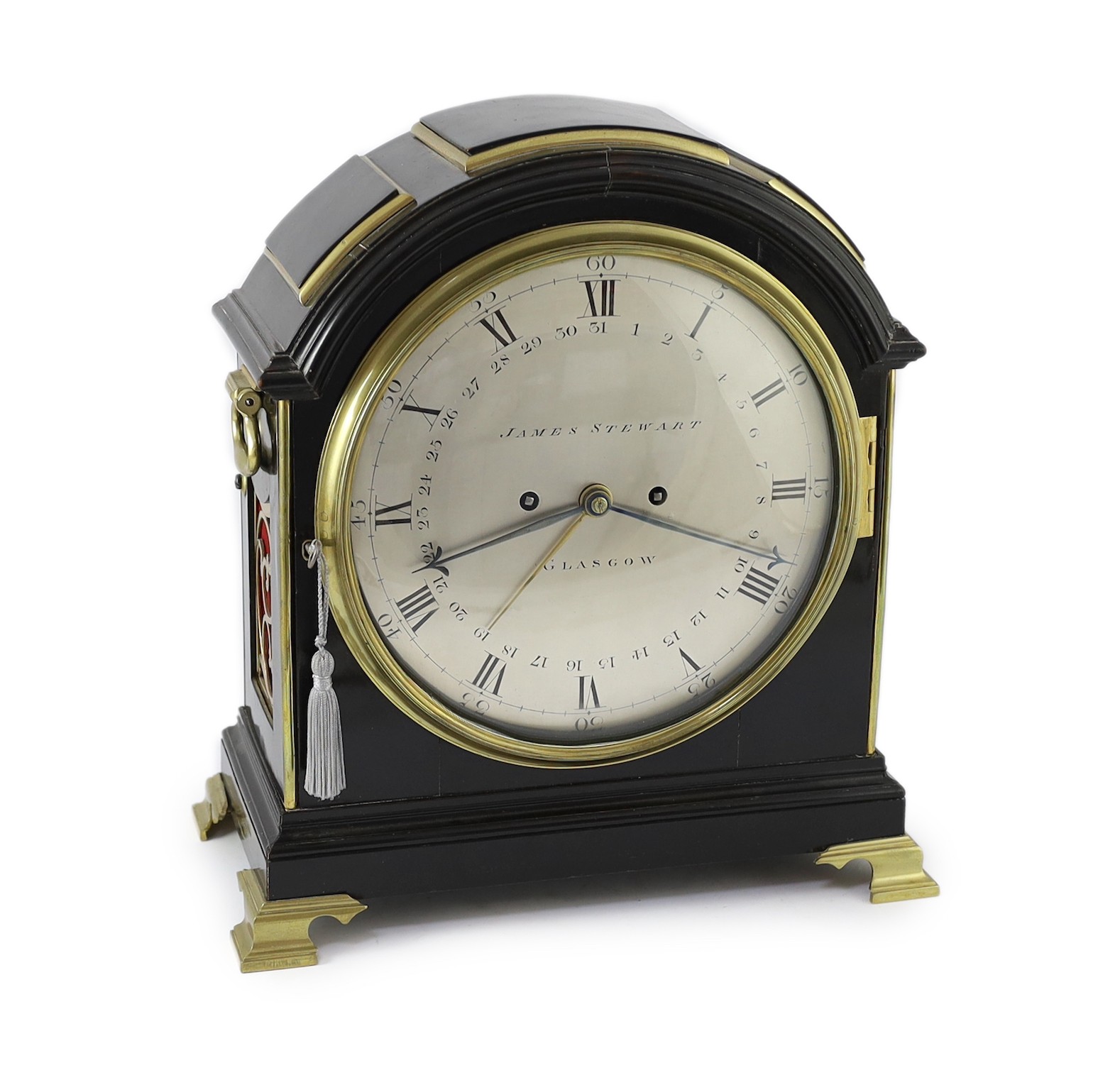 James Stewart of Glasgow. A Regency brass mounted ebonised bracket clock, 34cm wide 38cm high